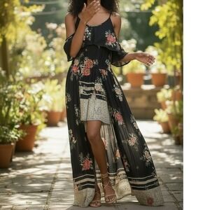 Angie Black Floral Cold Shoulder romper/ dress Small Boho Rayon